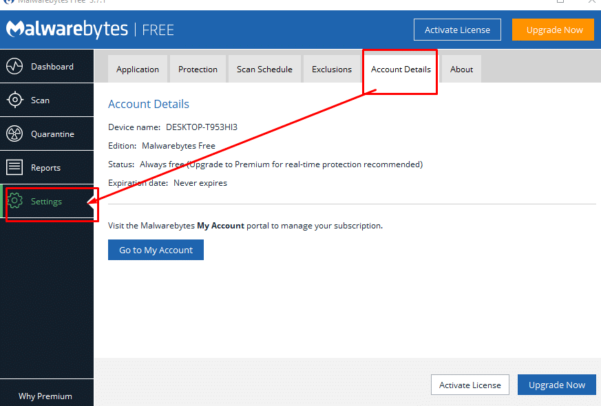 Settings to account details - วิธีโหลดและติดตั้ง Malwarebytes